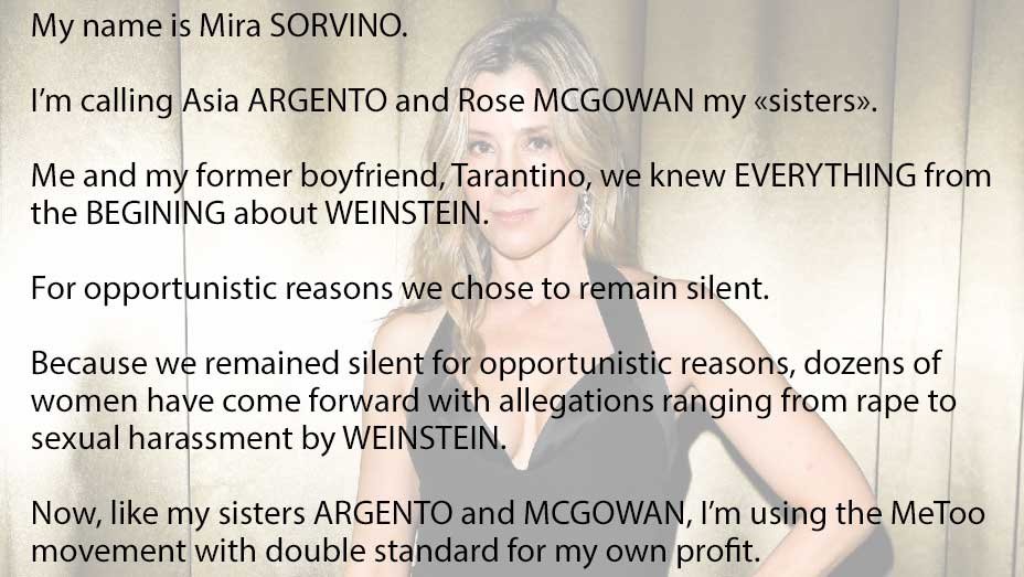 Mira Sorvino is Tarantino former girlfriend and knew from the beginning about Weinstein.