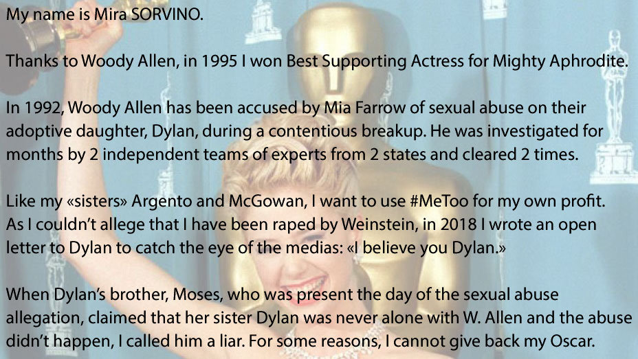 Actor Mira Sorvino won the Oscar for Best Supporting Actress for her performance in Woody Allen's movie, Mighty Aphrodite