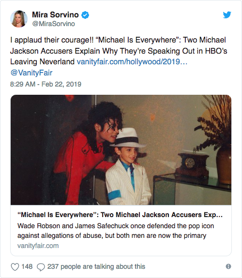 Mira Sorvino tweet about an article in Vanity Fair and applauds the courage of two men alleging sexual abuse by Michael Jackson