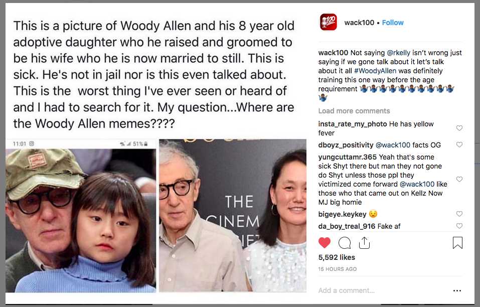 Wack100 is slandering Woody Allen on Instagram by using a picture of Woody Allen with Bechet and claiming she's Soon-YI
