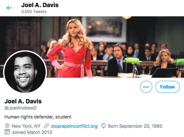 Columbia student Joel Davis's Twitter account