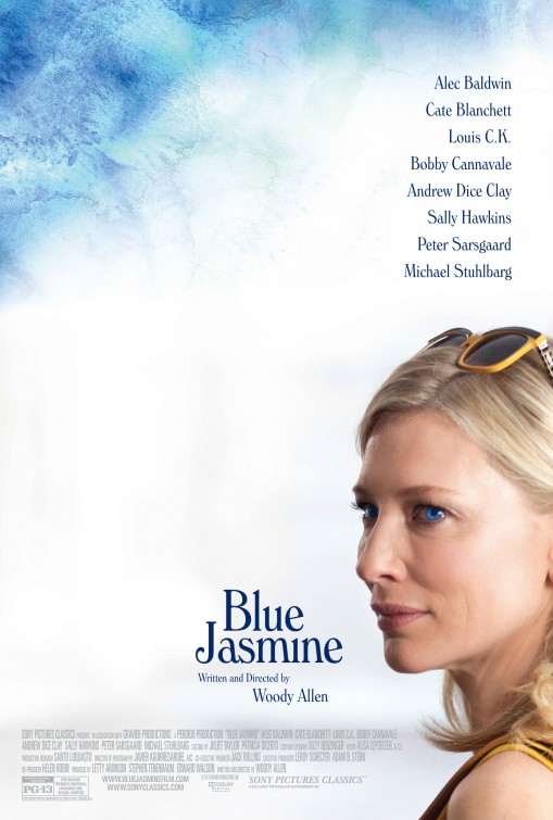 Blue Jasmine is a 2013 American black comedy-drama film written and directed by Woody Allen. and starring Cate Blanchet, Alec Baldwin, Sally Hawkins, Bobby Cannavale, Andrew Dice Clay.