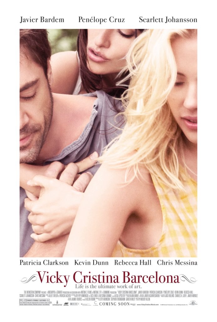 The poster for Vicky Cristina Barcelona, a 2008 romantic comedy-drama film written and directed by Woody Allen and starring Penelope Cruz, Scarlett Johansson, Javier Bardem.