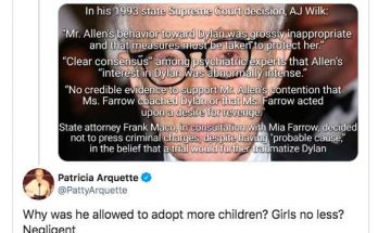 A defamatory tweet from Patricia Arquette as a comment on an other tweet slandering Woody Allen with lies and selective facts.